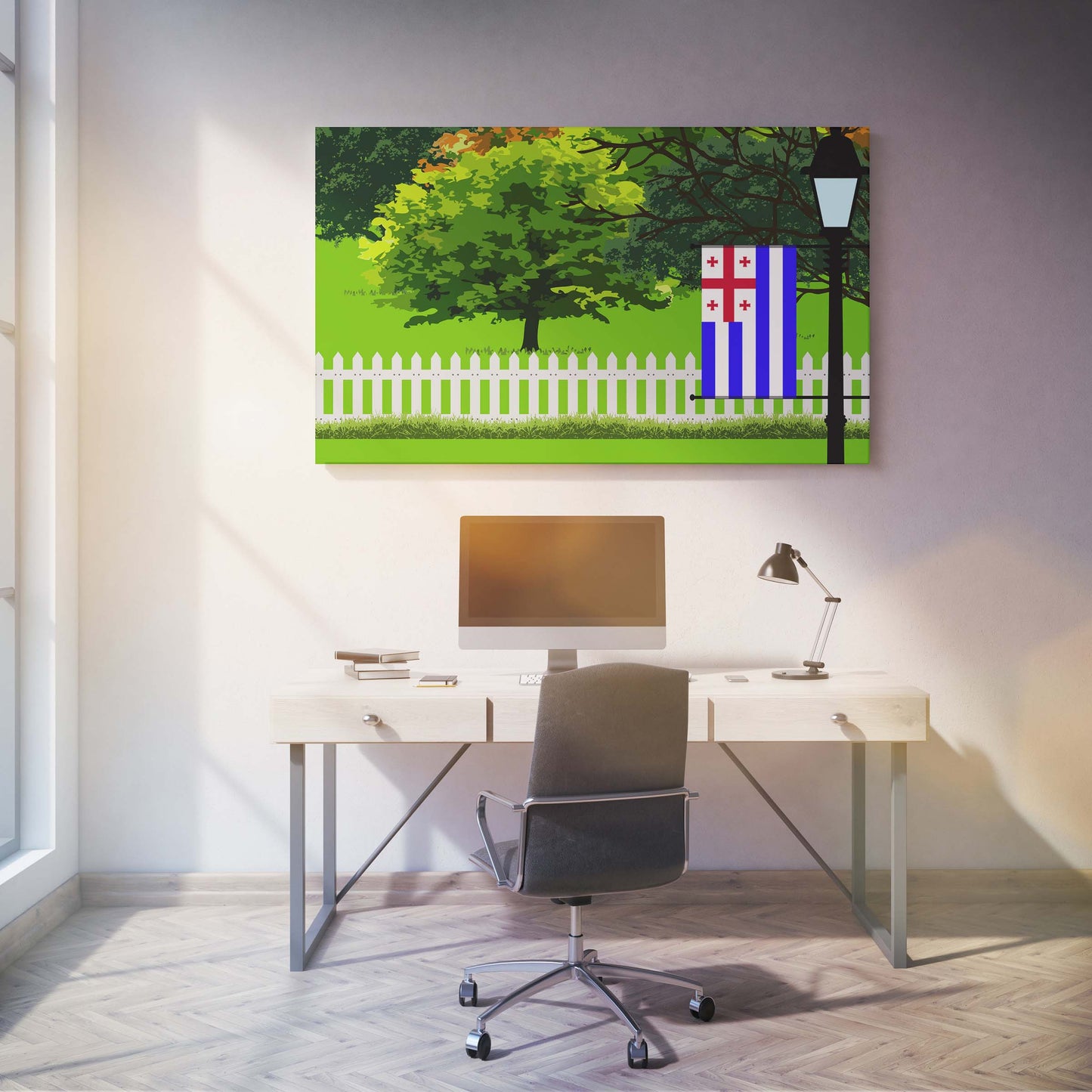 Ajaria Trees Street Lamp Canvas Print Framed