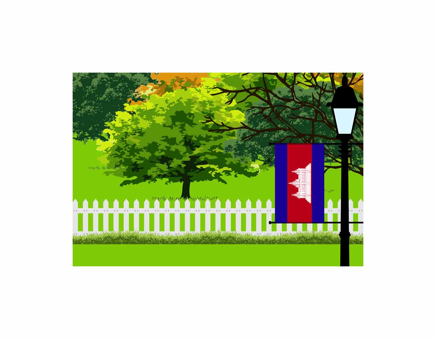 Cambodia Trees Street Lamp Canvas Print Framed