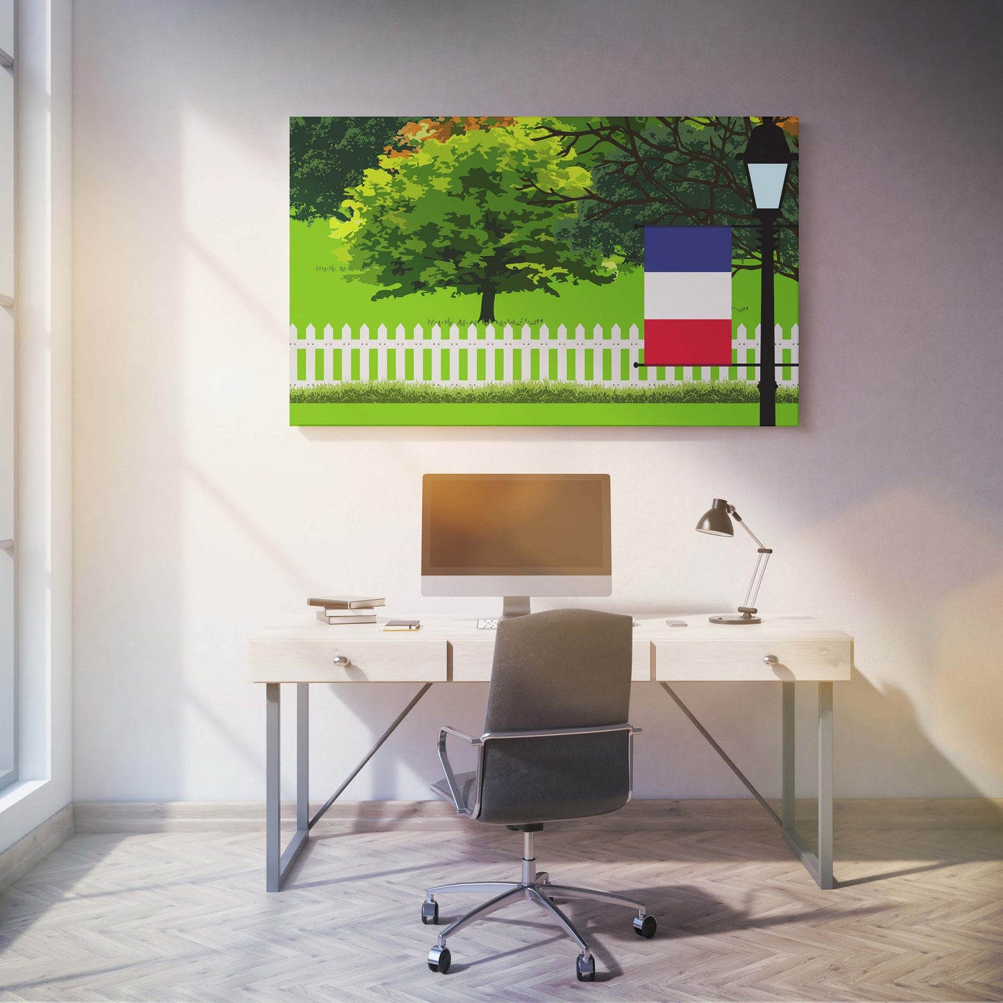 France Trees Street Lamp Canvas Print Framed