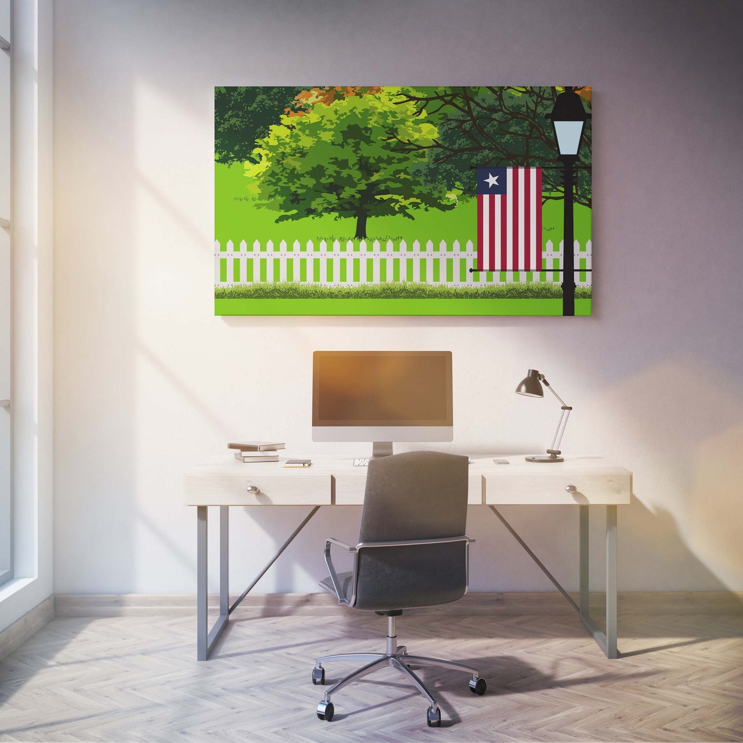 Liberia Trees Street Lamp Canvas Print Framed